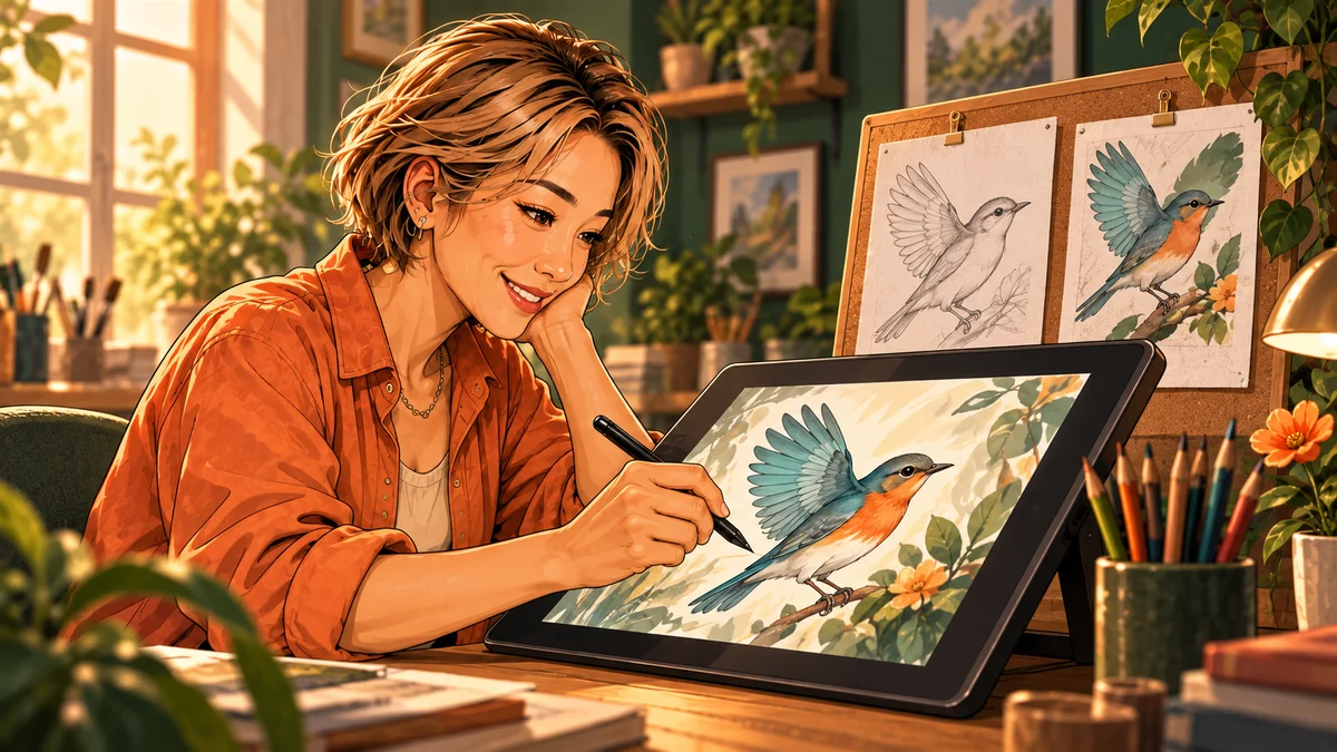 Su refines a bird illustration on her tablet while comparing rough and finished reference sketches