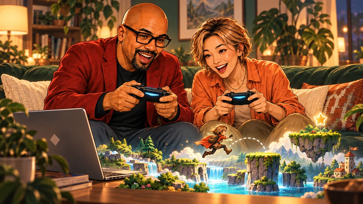 Patrick and Su play with controllers as an illustrated platform-game world unfolds in front of them