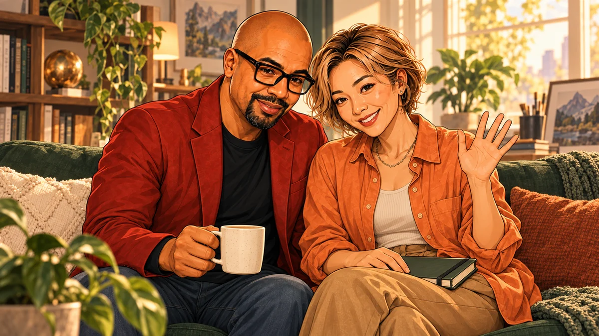 Patrick and Su relax on a green couch, smiling warmly as Su waves hello