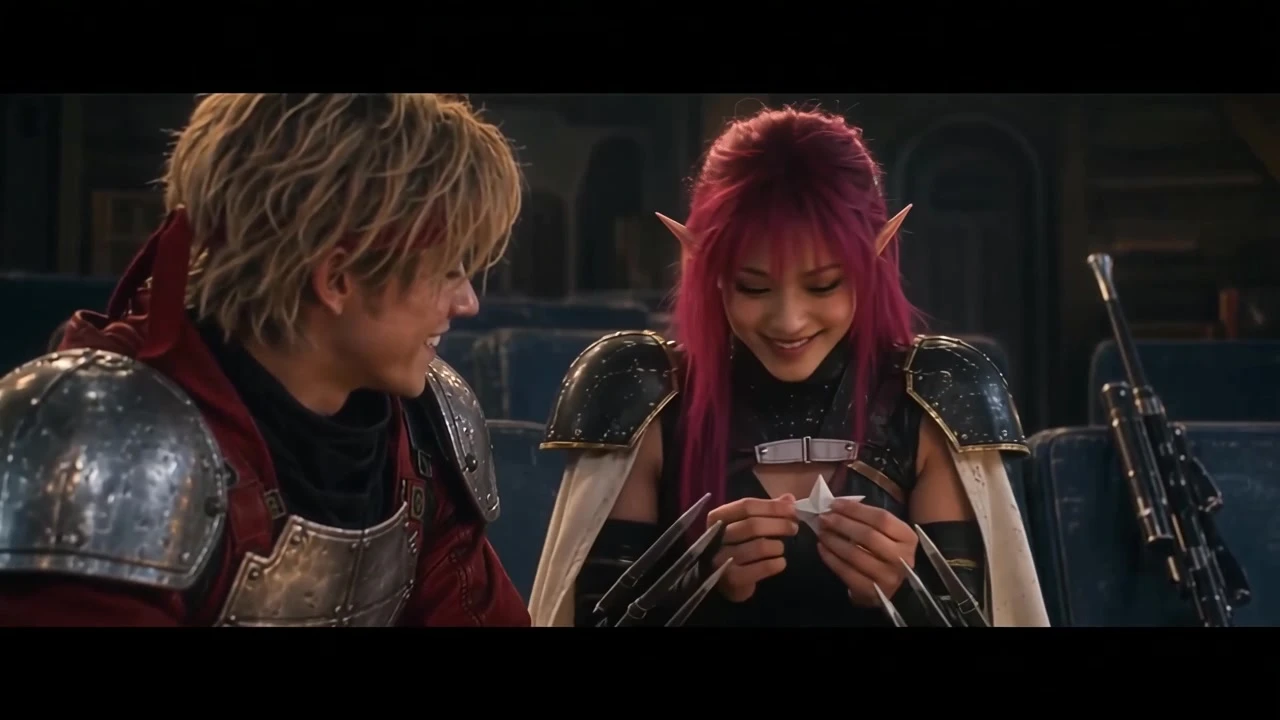 Chaz and Rika share a paper star in Patrick’s generated Phantasy Star music video